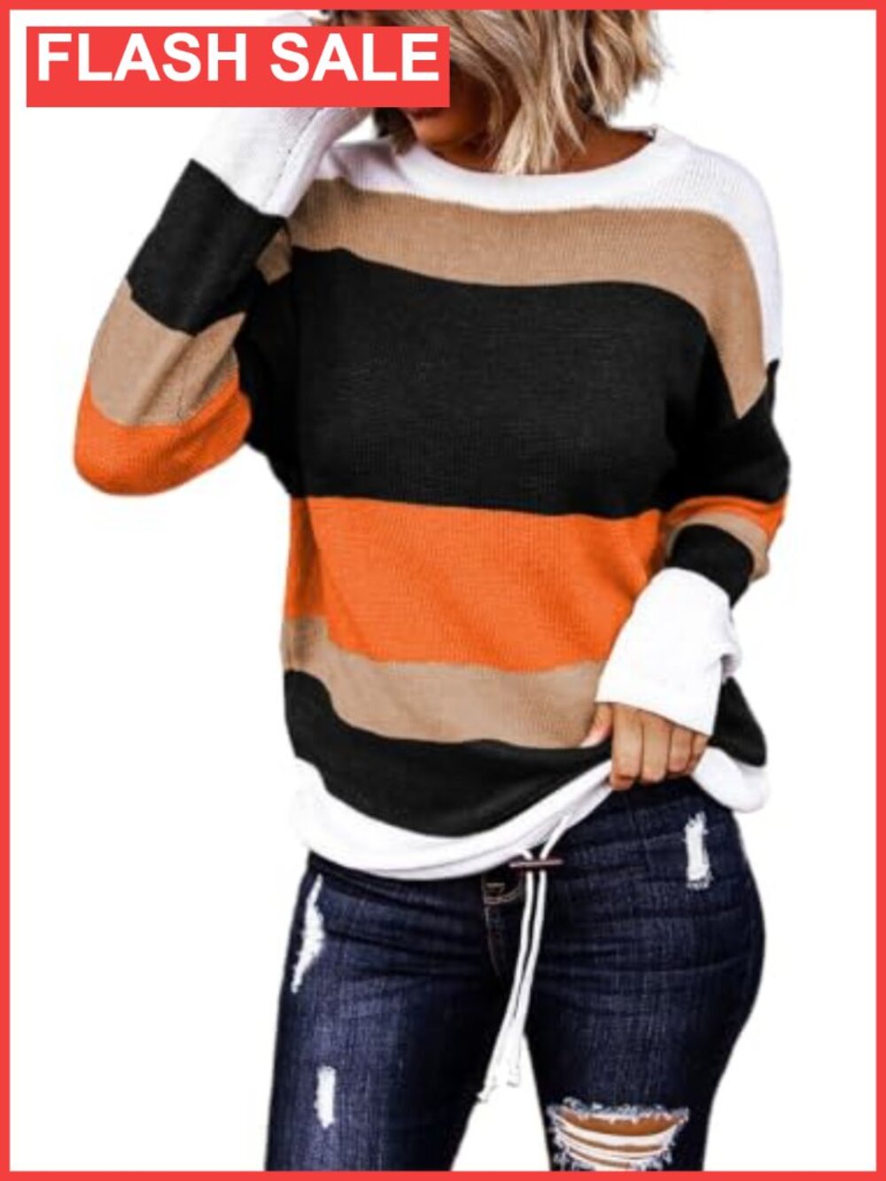 Womens Striped Drawstring Hem Color Block Knit Pullover Sweater